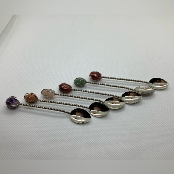 Silver Tone Twisted Semi Precious Gemstone Handle Demitasse Spoons Set of 6 - Picture 8 of 16